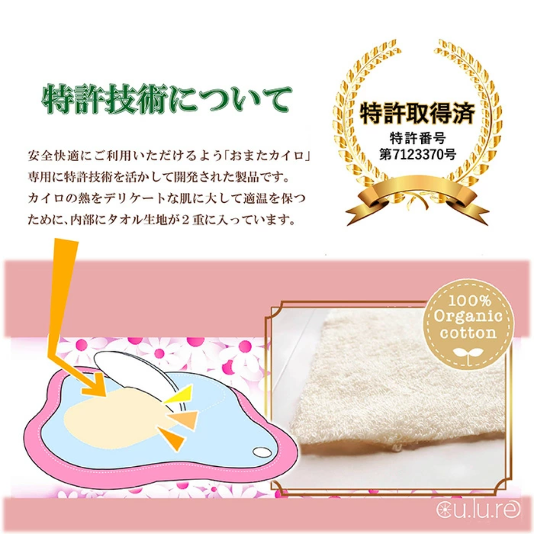 特許取得。特許技術について。安全快適にご利用いただけるよう「おまたカイロ」専用に特許技術を活かして開発された製品です。カイロの熱をデリケートな肌に大して適温を保つために、内部にタオル生地が2重に入っています。