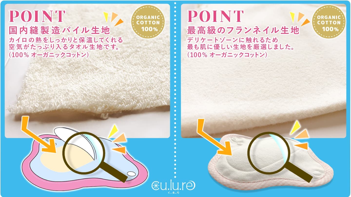国内縫製造パイル生地。カイロの熱をしっかりと保温してくれる空気がたっぷり入るタオル生地です。100%オーガニックコットン。最高級のフランネイル生地。最も肌に優しい生地を厳選しました。
