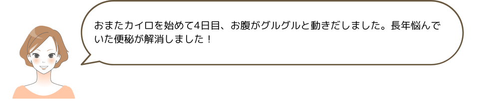 おまたカイロを始めて4日目、お腹がグルグルと動きだしました。長年悩んでいた便秘が解消しました!